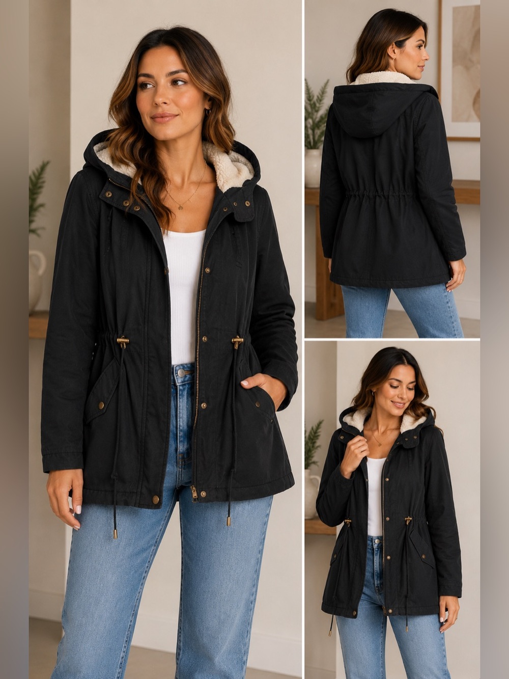Collection B Black Utility Jacket Hooded Cream Lining Lightweight Women’s Size M